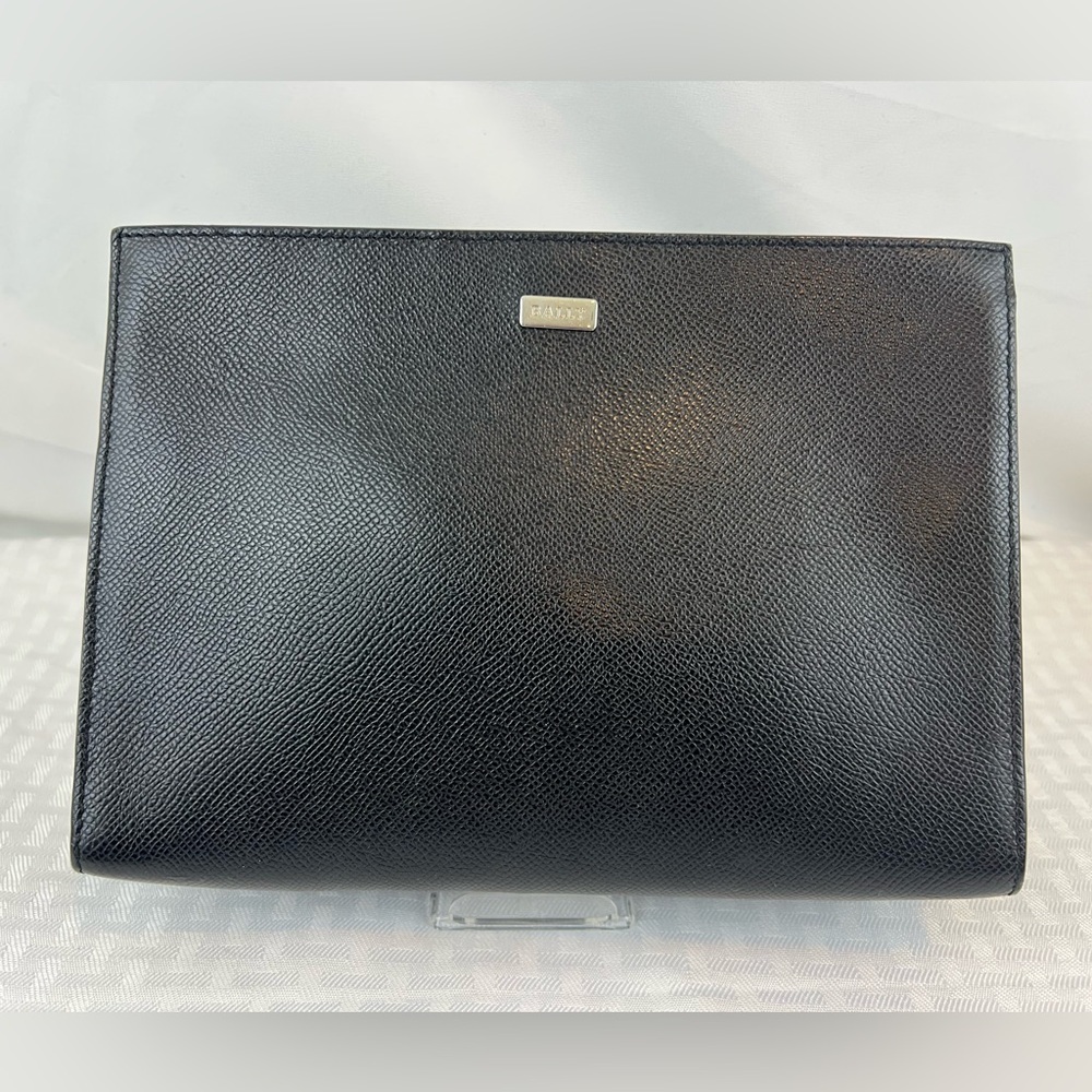 7021: Bally Black Saffiano Leather Wristlet Clutch - retractable handle